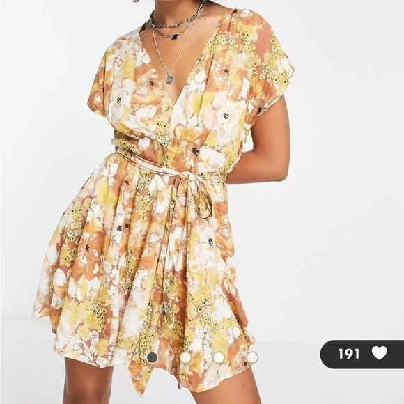 Free People tie waist mini dress in cocoa floral size XS - Picture 2 of 10